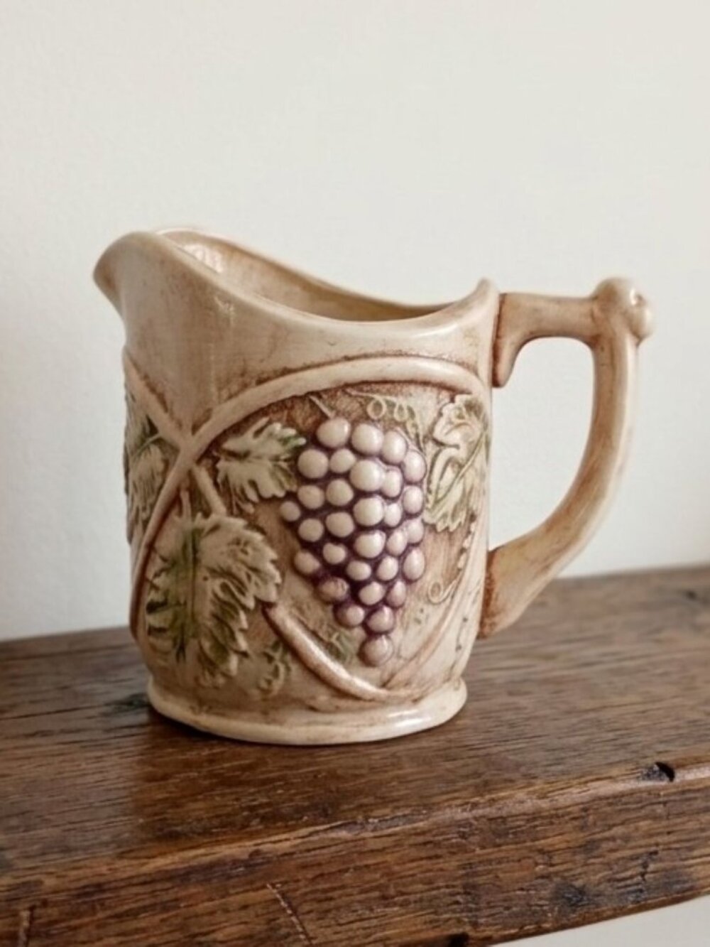 Vintage Handcrafted Ceramic Grape Pitcher Relief Signed Antique Finish MCM Decor